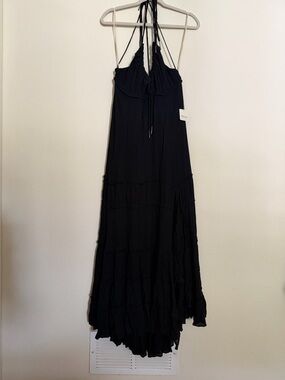 Free People Black Halter Maxi Dress - Sleeveless Tiered Summer Dress